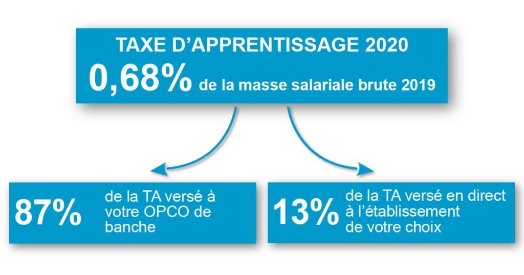 Répartition :
TA 2020 = 0,68 % de la masse salariale brute 2019.
87% de cette taxe est versé à l'OPCO de branche.
13 % de cette taxe est versé en direct à l'établissement de votre choix.